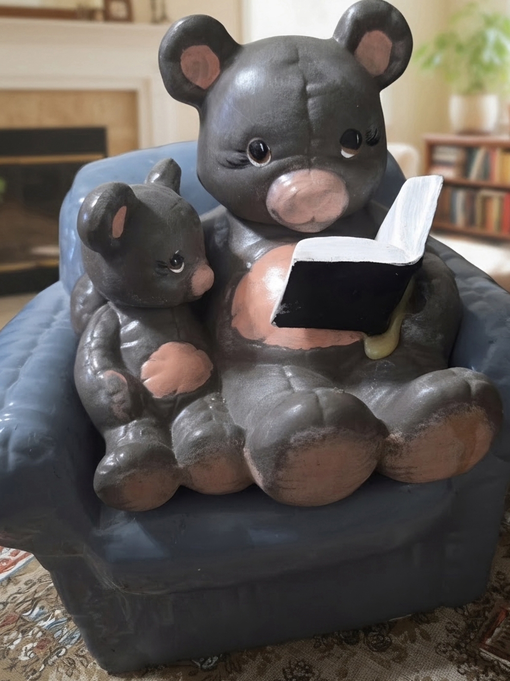 Vintage large bear reading baby a story in chair handpainted large piece.